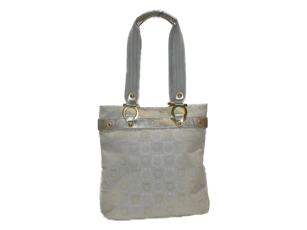 Salvatore Ferragamo Beige Bag Tote Gold Leather Canvas Shoulder Gancini Work